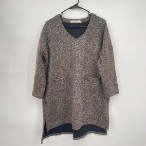 Raw Edge One Size Tunic Sweater Womens Brown Marled Wool Blend V-Neck‎ Pocket